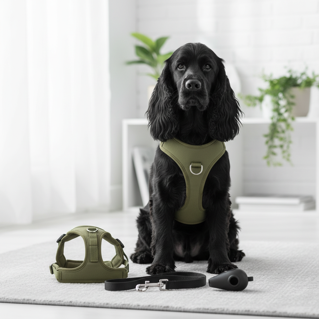 Nissa, un English Cocker Spaniel macho de tamaño medio, pelaje negro y ondulado, perfectamente cepillado, sentado con porte elegante sobre una alfombra gris claro en un estudio doméstico moderno. Frente a él, ordenados con precisión, varios accesorios de paseo recomendados: un arnés acolchado de color oliva, una correa de nylon negro con mosquetón metálico brillante y un dispensador de bolsas minimalista. El entorno es luminoso, paredes blancas y una estantería con plantas al fondo, todo suavemente desenfocado. Luz difusa de ventana lateral, creando un ambiente calmado y aspiracional. Fotografía en alta resolución, estilo realista, encuadre en regla de tercios con Nissa ligeramente a la derecha, transmitiendo confianza y buen gusto en sus recomendaciones.