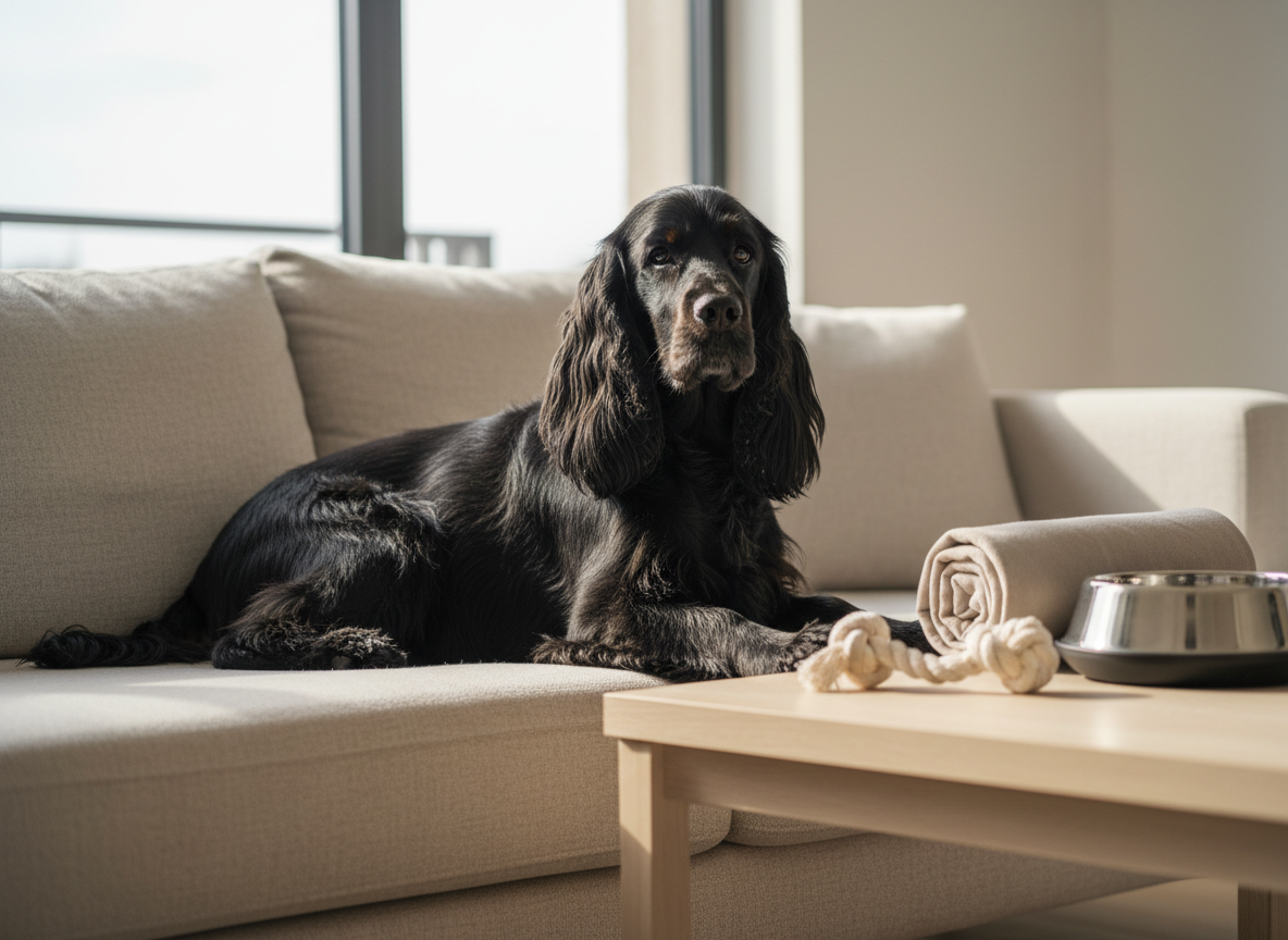 Un elegante English Cocker Spaniel macho llamado Nissa, de pelaje negro azabache brillante con leves reflejos castaños en las orejas, tumbado sobre un sofá beige de lino en un salón minimalista. A su lado, en una mesa baja de madera clara, se ve una cuidada selección de productos premium para perro: una cama ortopédica enrollada, un elegante comedero elevado de acero y un juguete de cuerda neutro. Luz natural de tarde entra por un gran ventanal, creando reflejos suaves en el pelaje de Nissa y sombras delicadas. Fotografía a nivel de sus ojos, con fondo ligeramente desenfocado, estética realista y sofisticada, pensada para una portada de web personal de marca canina.