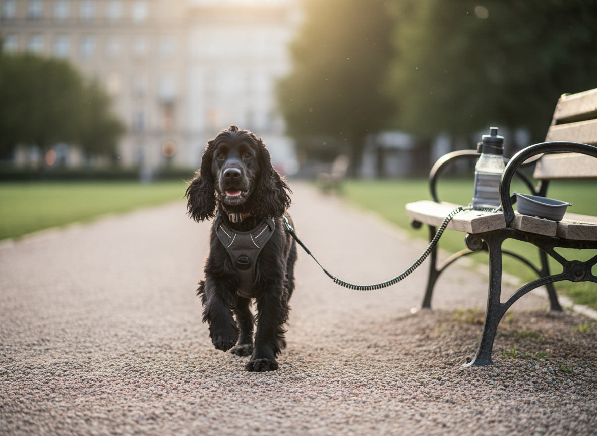 Escena al aire libre con Nissa, English Cocker Spaniel macho de pelaje negro ondulado, corriendo con trote elegante sobre un sendero de grava fina en un parque urbano muy cuidado. Lleva puesto un arnés técnico gris oscuro y una correa extensible recogida que destaca contra su pelaje. A los lados del camino se intuyen, suavemente desenfocados, una botella plegable de agua para perro y un cuenco portátil de silicona colocado sobre un banco de madera clara. Luz de golden hour iluminando su pelaje y creando un suave destello detrás de él. Cámara a baja altura, siguiendo su movimiento, con ligero desenfoque de fondo para sensación dinámica pero refinada, ideal para secciones de paseo y aventuras diarias con productos recomendados.
