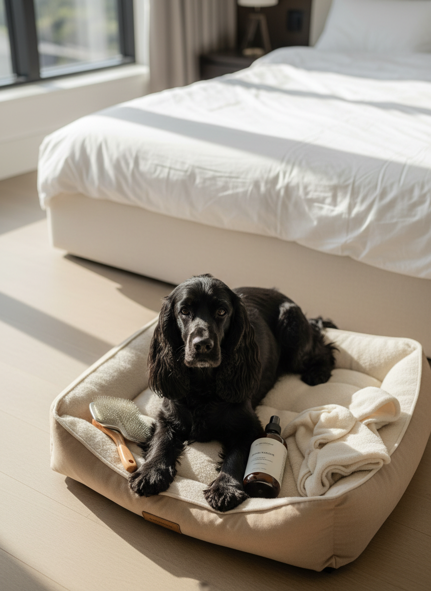 Nissa, el English Cocker Spaniel macho de pelaje negro satinado, recostado cómodamente en una cama para perro acolchada de tonos arena, situada en un dormitorio moderno con ropa de cama blanca impecable. A sus pies, un conjunto de juguetes y accesorios de bienestar: un cepillo de púas metálicas con mango de madera, un champú canino en botella ámbar minimalista y una manta suave doblada. La luz de atardecer entra cálida por la ventana, creando un resplandor dorado sobre la escena, sombras largas y ambiente relajante. La toma es ligeramente cenital, mostrando a Nissa como protagonista rodeado de detalles de producto, con estética limpia, lujosa y fotográfica, pensada para contenido de autocuidado y grooming.