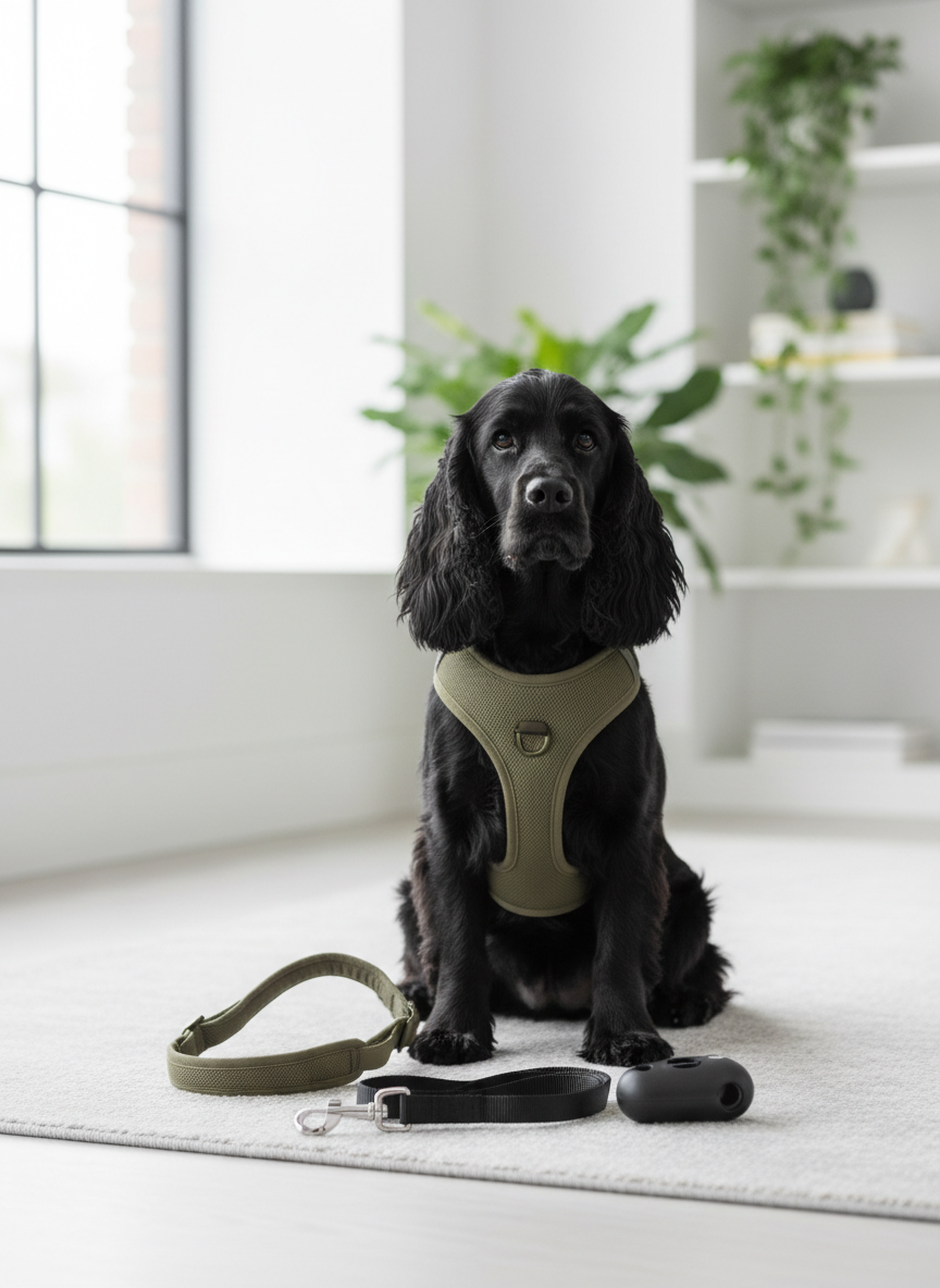 Nissa, un English Cocker Spaniel macho de tamaño medio, pelaje negro y ondulado, perfectamente cepillado, sentado con porte elegante sobre una alfombra gris claro en un estudio doméstico moderno. Frente a él, ordenados con precisión, varios accesorios de paseo recomendados: un arnés acolchado de color oliva, una correa de nylon negro con mosquetón metálico brillante y un dispensador de bolsas minimalista. El entorno es luminoso, paredes blancas y una estantería con plantas al fondo, todo suavemente desenfocado. Luz difusa de ventana lateral, creando un ambiente calmado y aspiracional. Fotografía en alta resolución, estilo realista, encuadre en regla de tercios con Nissa ligeramente a la derecha, transmitiendo confianza y buen gusto en sus recomendaciones.