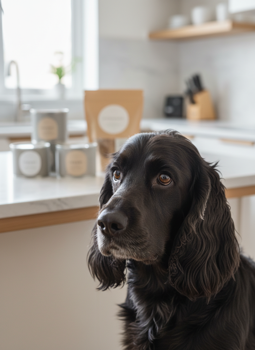 Primer plano fotográfico de Nissa, English Cocker Spaniel macho, mirando ligeramente hacia un lado, ojos brillantes y expresivos color marrón oscuro, orejas largas y sedosas cayendo a ambos lados del hocico. El fondo es una cocina contemporánea en tonos blanco y madera clara, desenfocada. Sobre la encimera de cuarzo se alinean sutilmente varios productos de alimentación premium, como latas metálicas de diseño neutro y bolsas kraft, sin texto visible. Luz de mañana muy suave entrando por una ventana, creando un halo elegante sobre el pelaje de Nissa y ligeros destellos en el acero de los recipientes. Composición horizontal, profundidad de campo muy reducida, atmósfera sofisticada pero cercana, ideal para sección de recomendaciones de comida.