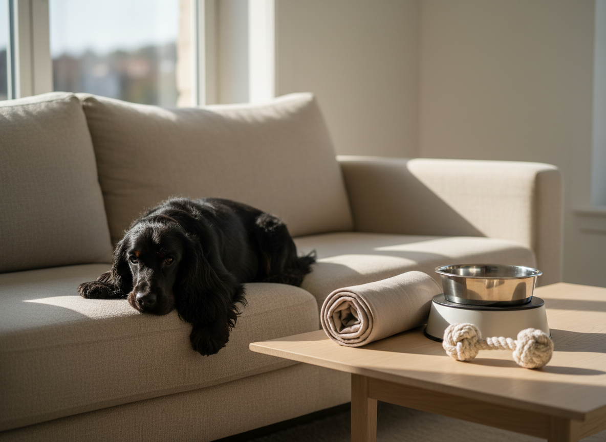 Un elegante English Cocker Spaniel macho llamado Nissa, de pelaje negro azabache brillante con leves reflejos castaños en las orejas, tumbado sobre un sofá beige de lino en un salón minimalista. A su lado, en una mesa baja de madera clara, se ve una cuidada selección de productos premium para perro: una cama ortopédica enrollada, un elegante comedero elevado de acero y un juguete de cuerda neutro. Luz natural de tarde entra por un gran ventanal, creando reflejos suaves en el pelaje de Nissa y sombras delicadas. Fotografía a nivel de sus ojos, con fondo ligeramente desenfocado, estética realista y sofisticada, pensada para una portada de web personal de marca canina.
